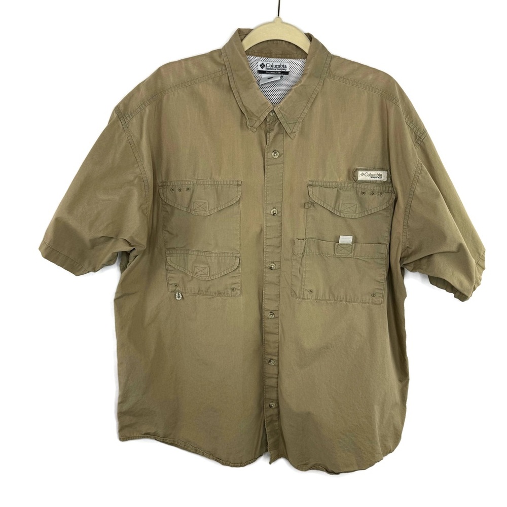 Columbia PFG Fishing Dark Tan Sun Bleached Short Sleeve Button Down Large